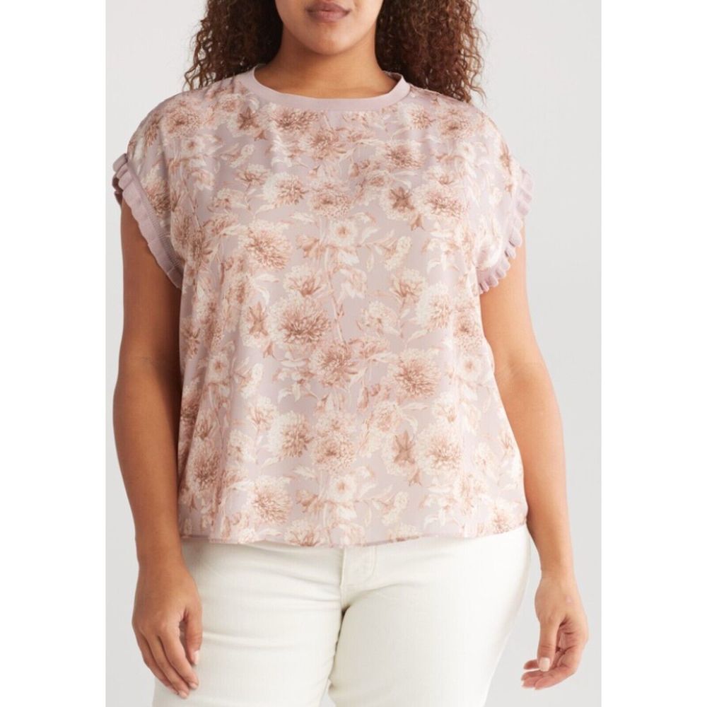 Tahari Floral Print Ruffle Blouse Top Size XL Short Sleeve Artsy Pastel‎ Office